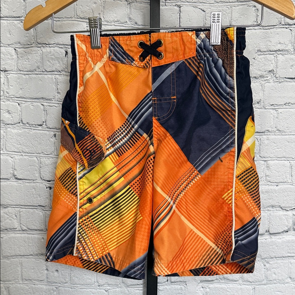 OP Boys Orange & Black Geometric Swim Trunks size 6/7